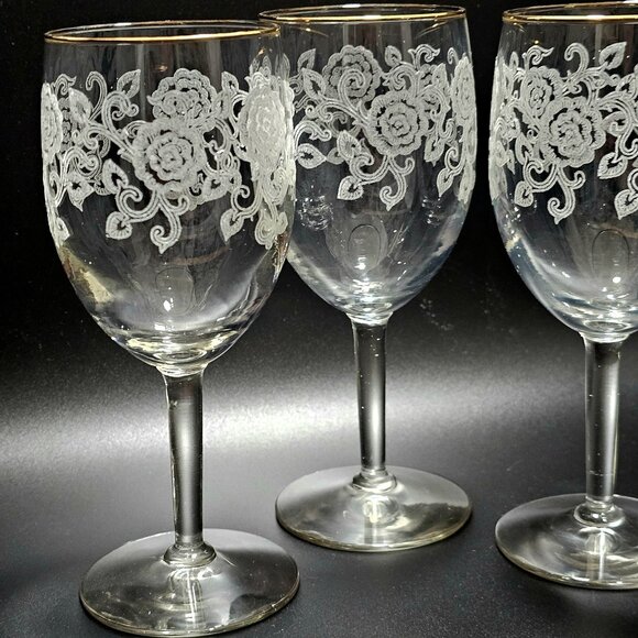 3 Libbey Rose Etching Water Glasses 7" floral scrolls gold trim 1970s romantic e - Picture 5 of 8